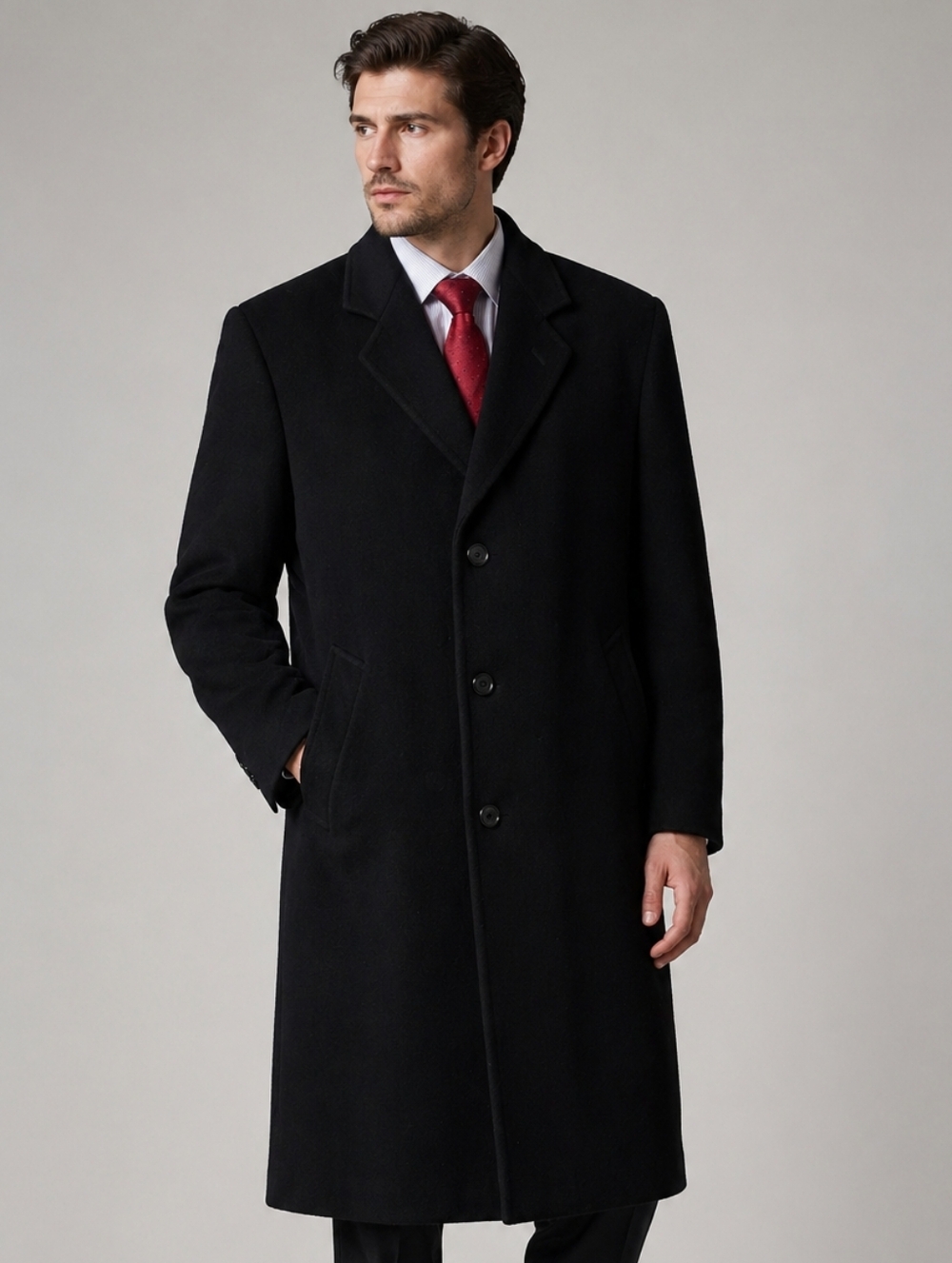 Vtg Silver Cloud Black Wool Cashmere Overcoat Mens 42R Long Italy Fabric Classic